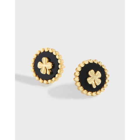 925 Sterlingsilber Vierblättriges Kleeblatt Ohrstecker 18K Gold Galvanisiert Retro Schwarz Emaille Rund Ohrringe Für Damen