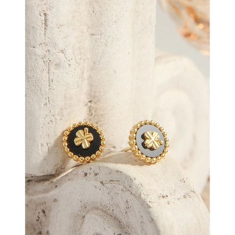 925 Sterlingsilber Vierblättriges Kleeblatt Ohrstecker 18K Gold Galvanisiert Retro Schwarz Emaille Rund Ohrringe Für Damen