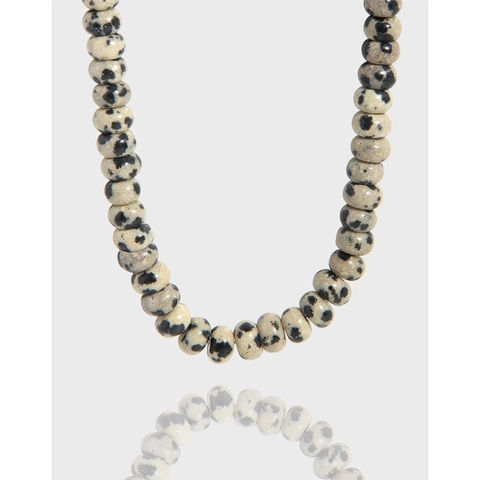 Collana Minimalista con Perline in Diaspro Dalmata per Donna in Argento Sterling 925 con Stampa Leopardata e Pietra Naturale