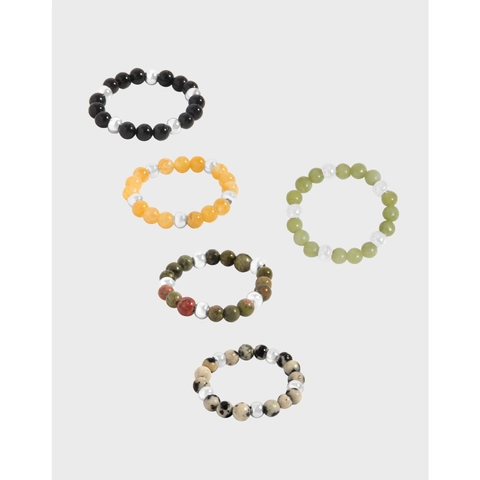 Anello Elastico Minimalista in Argento Sterling 925 con Perline di Pietra Naturale da Donna Anello Estensibile in Pietre Preziose Tonde Artigianali