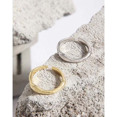 Anello Aperto Regolabile in Argento Sterling S925 con Texture Lava Liquida Irregolare per Donna Gioiello ad Anello Minimalista Vintage Placcato Oro