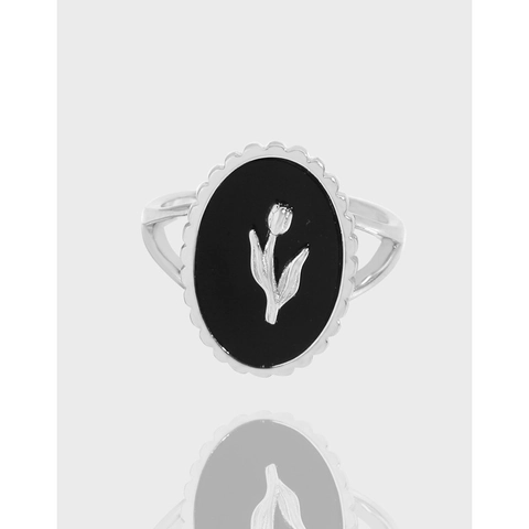 S925 Sterlingsilber Schwarzer Achat Tulpen Ring Retro Minimalistisch Verstellbare Öffnung Blumen Ring Damen Eleganter Fingerschmuck
