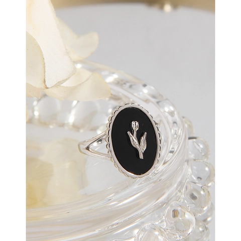 S925 Sterlingsilber Schwarzer Achat Tulpen Ring Retro Minimalistisch Verstellbare Öffnung Blumen Ring Damen Eleganter Fingerschmuck