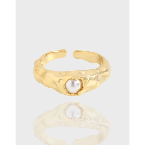 Anello Aperto in Argento Sterling 925 con Texture Irregolare per Donna con Perla Artificiale Regolabile Stile Lava