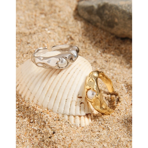 Anello Aperto in Argento Sterling 925 con Texture Irregolare per Donna con Perla Artificiale Regolabile Stile Lava