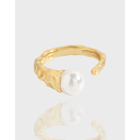 925 Sterlingsilber Künstliche Perle Offener Ring Für Damen Französischer Vintage Gehämmerte Textur Minimalistischer Schmuck Fingerring