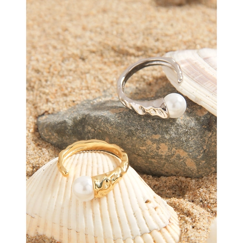 925 Sterlingsilber Künstliche Perle Offener Ring Für Damen Französischer Vintage Gehämmerte Textur Minimalistischer Schmuck Fingerring