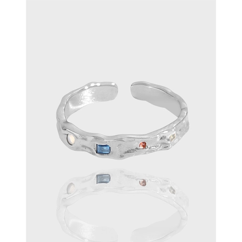 S925 Sterling Silver Wrinkled Texture Open Ring With Colorful Zirconia Inlaid Adjustable Niche Design Finger Ring Women Jewelry