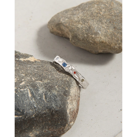 S925 Sterling Silver Wrinkled Texture Open Ring With Colorful Zirconia Inlaid Adjustable Niche Design Finger Ring Women Jewelry