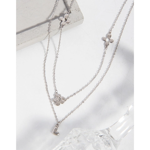 Collar de Doble Capa de Plata de Ley 925 para Mujer Colgante de Flor y Corazón Lujo Minimalista Joyería de Estilo INS Galvanizada