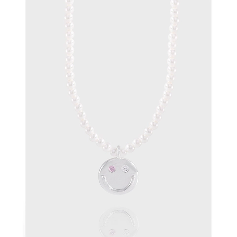 Collana con Pendente Faccina Sorridente in Argento Sterling S925 per Donna con Zirconia Intarsiata e Perle Artificiali Gioielli Moda