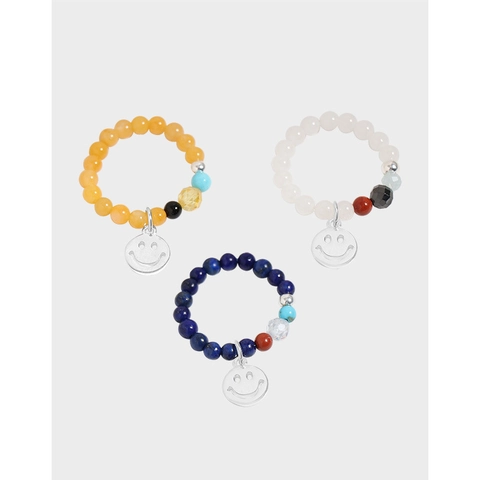 S925 Sterling Silver Smiley Face Beaded Elastic Ring For Women New Chinese Style Natural Stone Jade Lapis Stretch Ring
