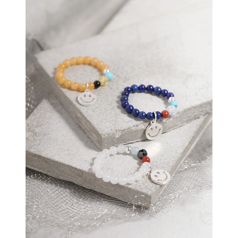 S925 Sterling Silver Smiley Face Beaded Elastic Ring For Women New Chinese Style Natural Stone Jade Lapis Stretch Ring