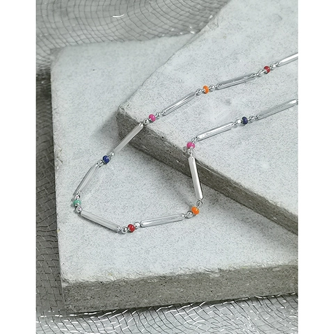 Collana a Catena in Argento Sterling 925 in Stile Bambù Per Donna Girocollo con Perline Arcobaleno Minimalista Gioielli Placcati Platino