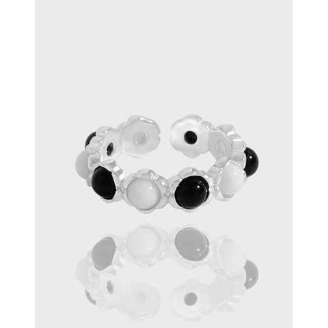 Anello Aperto in Argento Sterling 925 con Pietra Naturale a Fiore Bianco Nero Geometrico Regolabile per Donna Gioielli Vintage