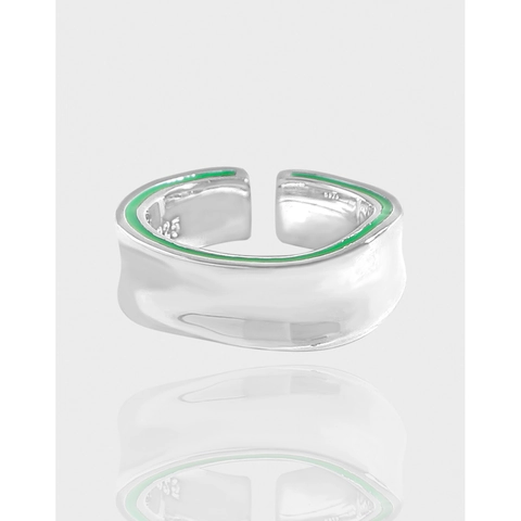 Luxus 925 Sterlingsilber Unregelmäßiger Wellenförmiger Offener Ring Für Damen Minimalistisch Grün Emaille Galvanisierter Verstellbarer Ring