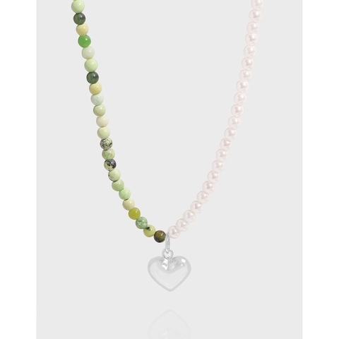 925 Sterling Silver Heart Pendant Necklace Artificial Pearl Green Natural Stone Beads Korean INS Style Jewelry For Women