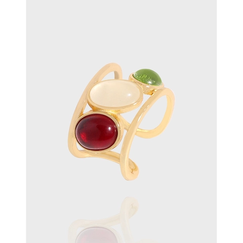 S925 Sterling Silver 18K Gold Plated Ring For Women New Chinese Style Contrast Color Oval Stone Adjustable Open Ring Jewelry