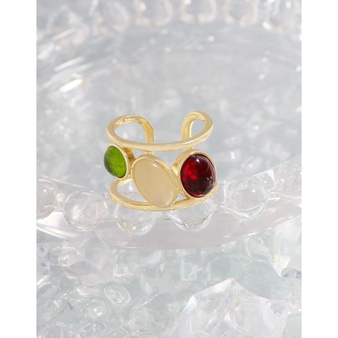 S925 Sterling Silver 18K Gold Plated Ring For Women New Chinese Style Contrast Color Oval Stone Adjustable Open Ring Jewelry