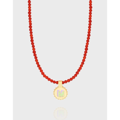 925 Sterlingsilber Roter Achat Perlenkette Für Damen Buchstabe M Anhänger Emaille Galvanisiert 18K Vergoldet Schmuck