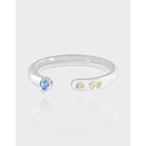 S925 Sterling Silver Open Ring For Women Blue Yellow Zirconia Adjustable Asymmetric Geometric Minimalist INS Style Finger Ring