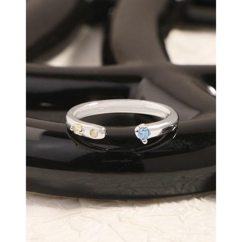 S925 Sterling Silver Open Ring For Women Blue Yellow Zirconia Adjustable Asymmetric Geometric Minimalist INS Style Finger Ring
