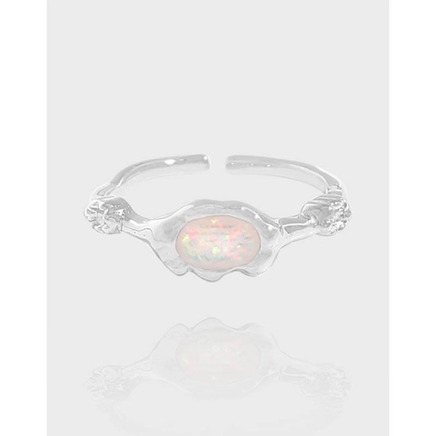 Anello Aperto in Argento Sterling 925 con Opale Regolabile Trama Martellata Fascia Ovale Gioielli Donna