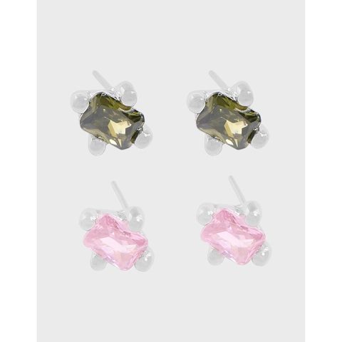 925 Sterling Silver Rectangle Zirconia Stud Earrings For Women Korean Ins Minimalist Geometric Pink Green Zircon Earrings Jewelry