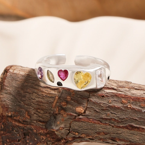 S925 Sterling Silver Open Ring For Women Colorful Zirconia Contrast Color Geometric Adjustable Finger Ring Jewelry Gift