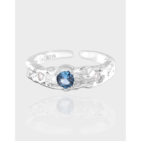 925 Sterling Silber Offener Ring Irreguläre Lava Textur Seeblauer Zirkon Geometrisch Verstellbar Schmuck Für Frauen