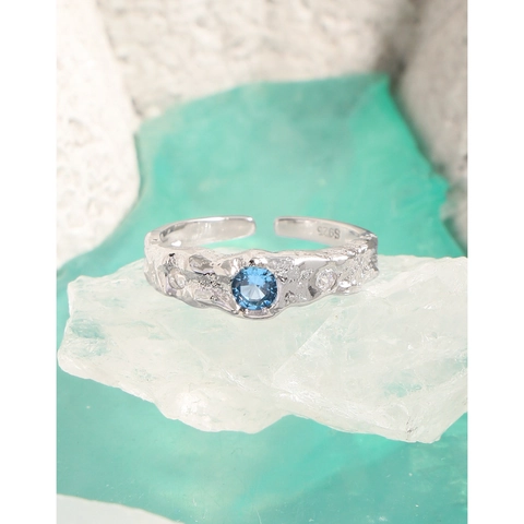 925 Sterling Silber Offener Ring Irreguläre Lava Textur Seeblauer Zirkon Geometrisch Verstellbar Schmuck Für Frauen