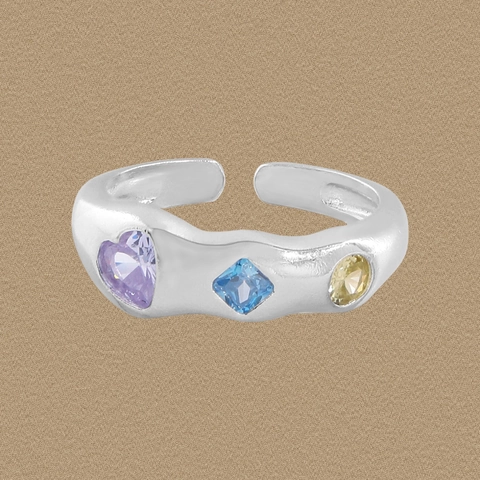 925 Sterling Silver Adjustable Open Ring For Women Geometric Wavy Design Purple Heart Blue Square Yellow Round Zirconia Inlaid Jewelry