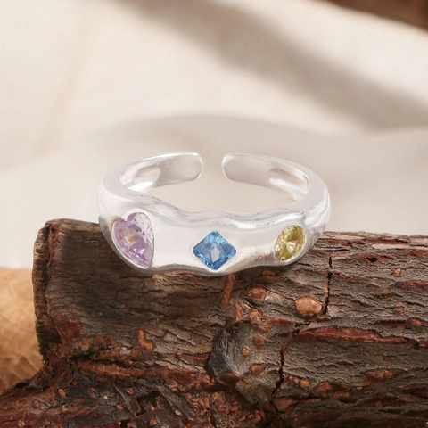 925 Sterling Silver Adjustable Open Ring For Women Geometric Wavy Design Purple Heart Blue Square Yellow Round Zirconia Inlaid Jewelry