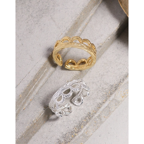 Minimalist S925 Sterling Silver Open Ring For Women Textured Hammered Wave Hollow Adjustable Fashion Jewelry Finger Ring