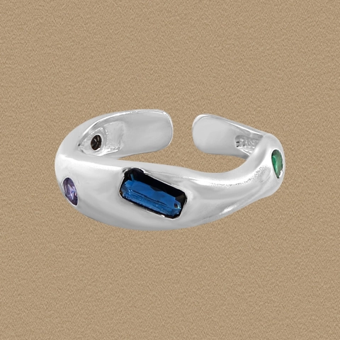 S925 Sterling Silver Adjustable Geometric Ring For Women Multicolor Zirconia Inlaid Irregular Wave Design Jewelry