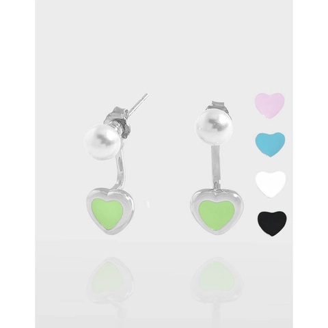 Orecchini a Bottone in Argento Sterling 925 Con Perla Artificiale e Cuore Smaltato Colorato Orecchini Pendenti per Donna Gioielli