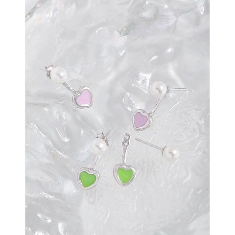 Orecchini a Bottone in Argento Sterling 925 Con Perla Artificiale e Cuore Smaltato Colorato Orecchini Pendenti per Donna Gioielli