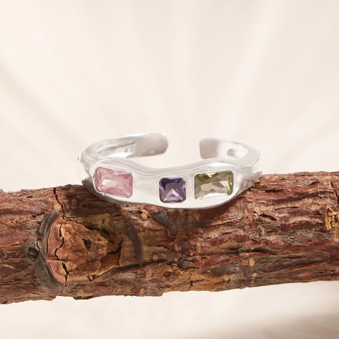 925 Sterling Silver Geometric Open Ring For Women Korean Light Luxury Design Multi Color Zirconia Micro Set Finger Ring Jewelry