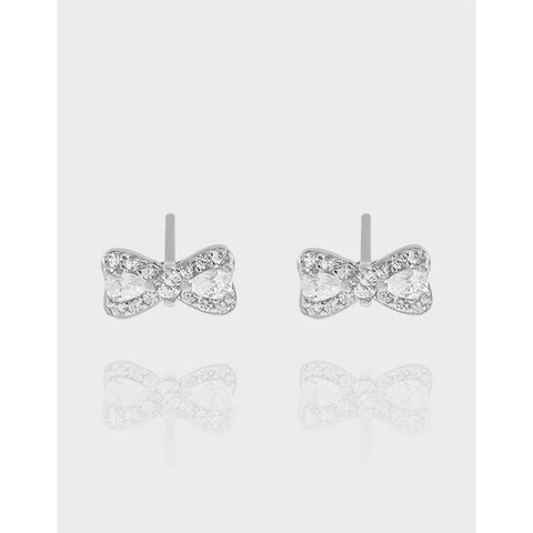 Pendientes de Botón de Lazo de Plata de Ley 925 para Mujer Circonia Incrustada Chapado en Oro Blanco Joyas Coreanas Regalo