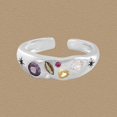 S925 Sterlingsilber Bunte Zirkonia Offener Ring Vintage Geometrisch Stern Welle Einstellbar Luxus Finger Schmuck Damen