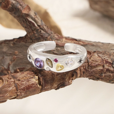 S925 Sterlingsilber Bunte Zirkonia Offener Ring Vintage Geometrisch Stern Welle Einstellbar Luxus Finger Schmuck Damen