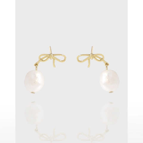 Orecchini a Bottone con Fiocco in Argento Sterling 925 Vintage Francese con Perla Barocca d'Acqua Dolce Eleganti Gioielli Placcati in Oro per Donna