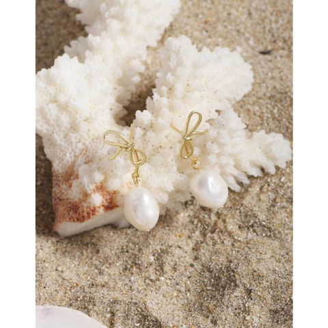 Orecchini a Bottone con Fiocco in Argento Sterling 925 Vintage Francese con Perla Barocca d'Acqua Dolce Eleganti Gioielli Placcati in Oro per Donna