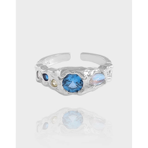 Anello in Argento Sterling 925 da Donna Vintage Texture Irregolare Increspata Pietra di Luna Strass Blu Anello Aperto Regolabile