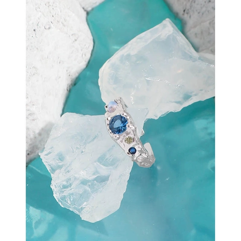 Anello in Argento Sterling 925 da Donna Vintage Texture Irregolare Increspata Pietra di Luna Strass Blu Anello Aperto Regolabile