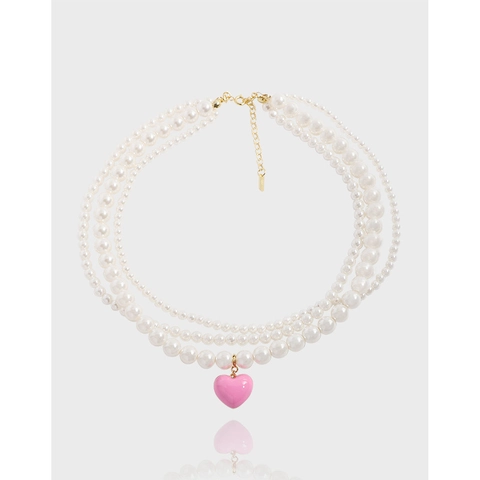 925 Sterling Silver Multilayer Artificial Pearl Pink Heart Pendant Necklace For Women 18K Gold Plated INS Jewelry Gift