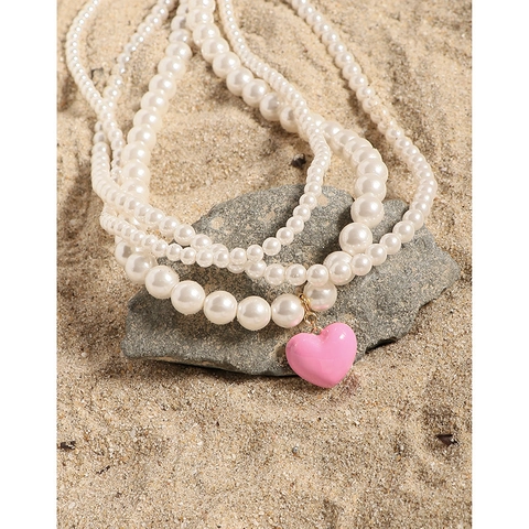 925 Sterling Silver Multilayer Artificial Pearl Pink Heart Pendant Necklace For Women 18K Gold Plated INS Jewelry Gift