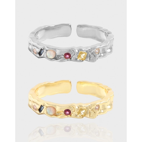 925 Sterling Silver Adjustable Open Ring For Women Vintage Hammered Texture Multi Color Rhinestone Inlaid Fashion Jewelry