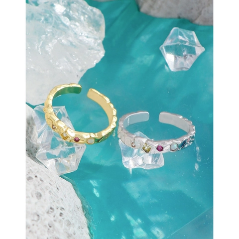 925 Sterling Silver Adjustable Open Ring For Women Vintage Hammered Texture Multi Color Rhinestone Inlaid Fashion Jewelry