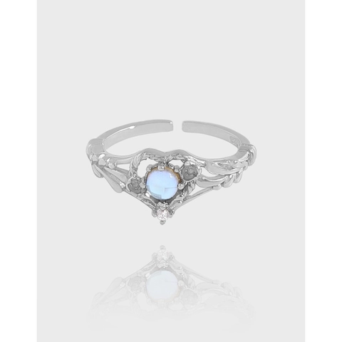 925 Sterling Silber Herz Mondstein Ring Vintage Hohl Blatt Muster Offene Verstellbare Ringe Für Damen Ästhetischer Schmuck